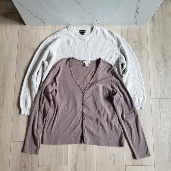 Eddie Bauer Sweater Bundle Women’s XL | Off White + Taupe Knit Crewnecks - Picture 1 of 7